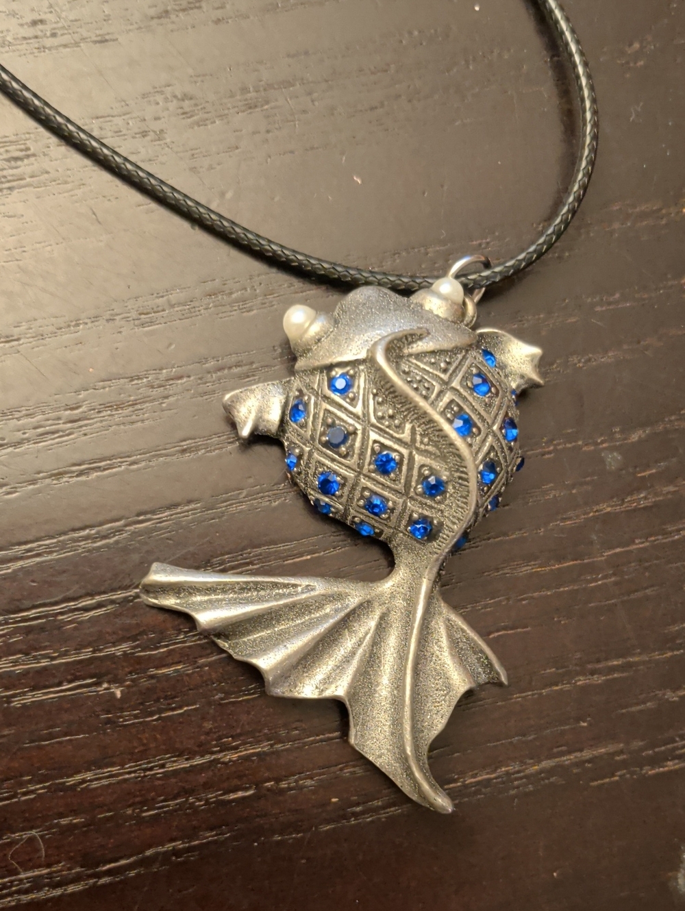 Vintage Pewter Fish Pendant With Blue Crystals On Black Cord Necklace
